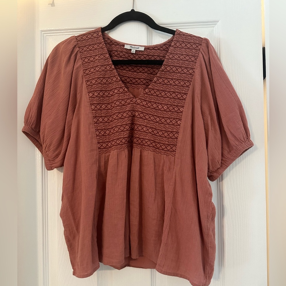 Madewell Dusty Rose Embroidered Peasant Blouse | Size L